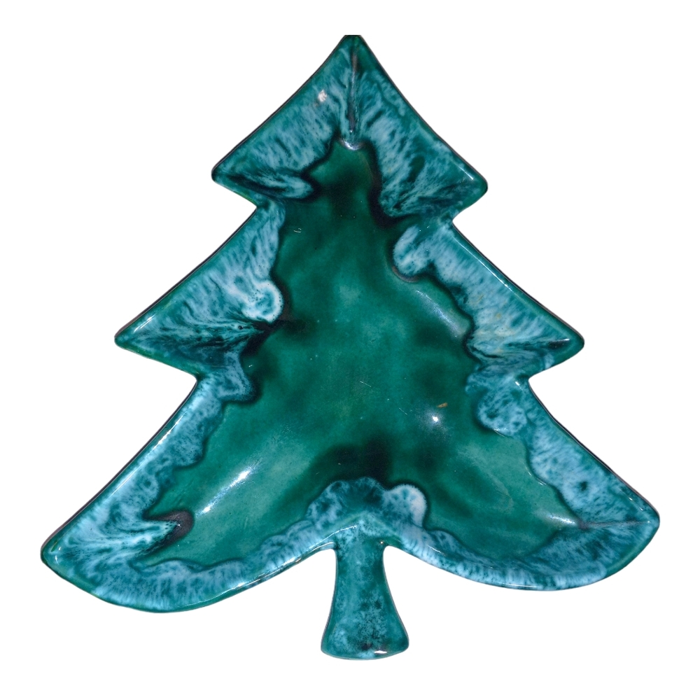 Vtg Christmas Tree Green Drip Glazed Ceramic Dish